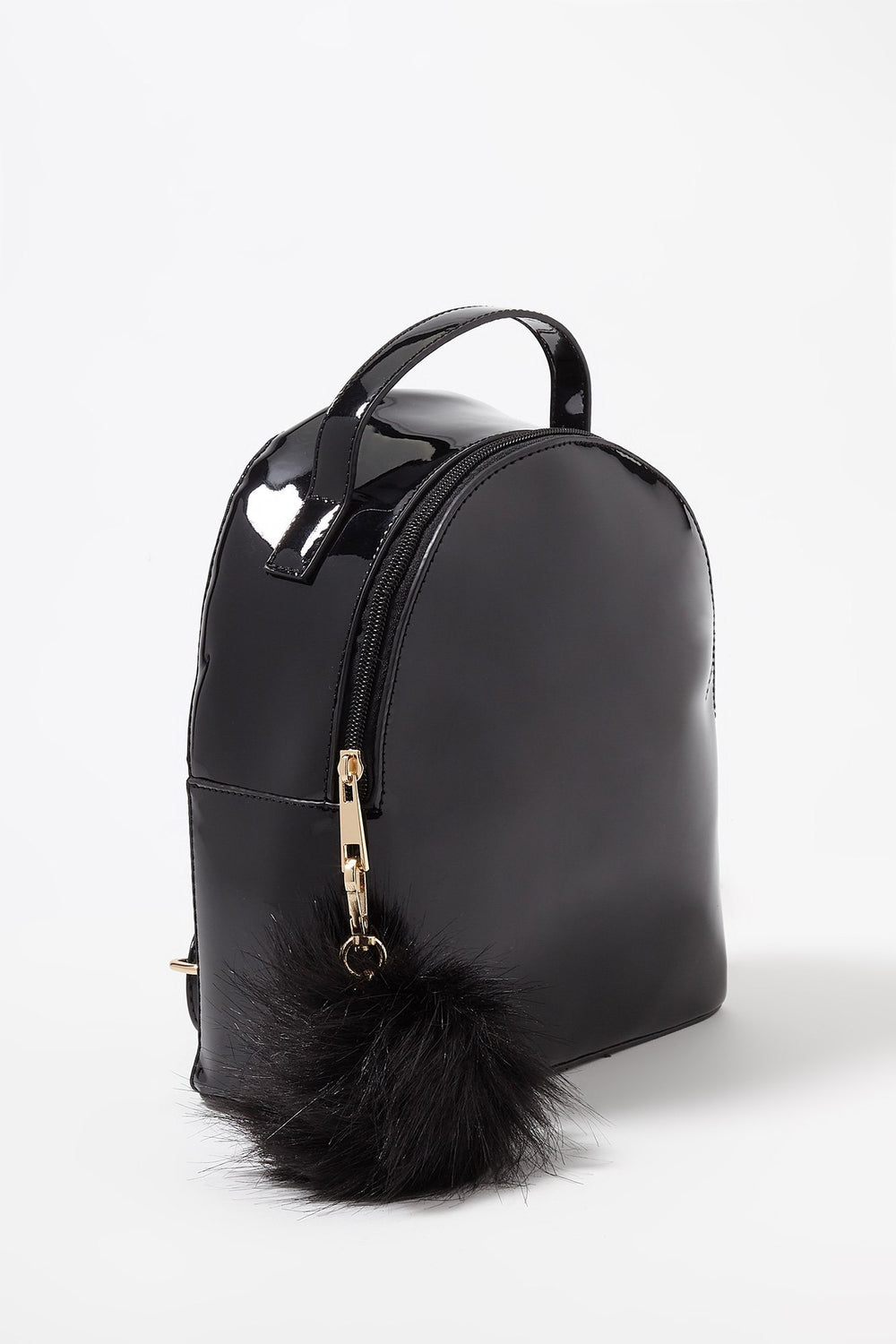 Women Patent Mini Backpack With Pom Pom Black