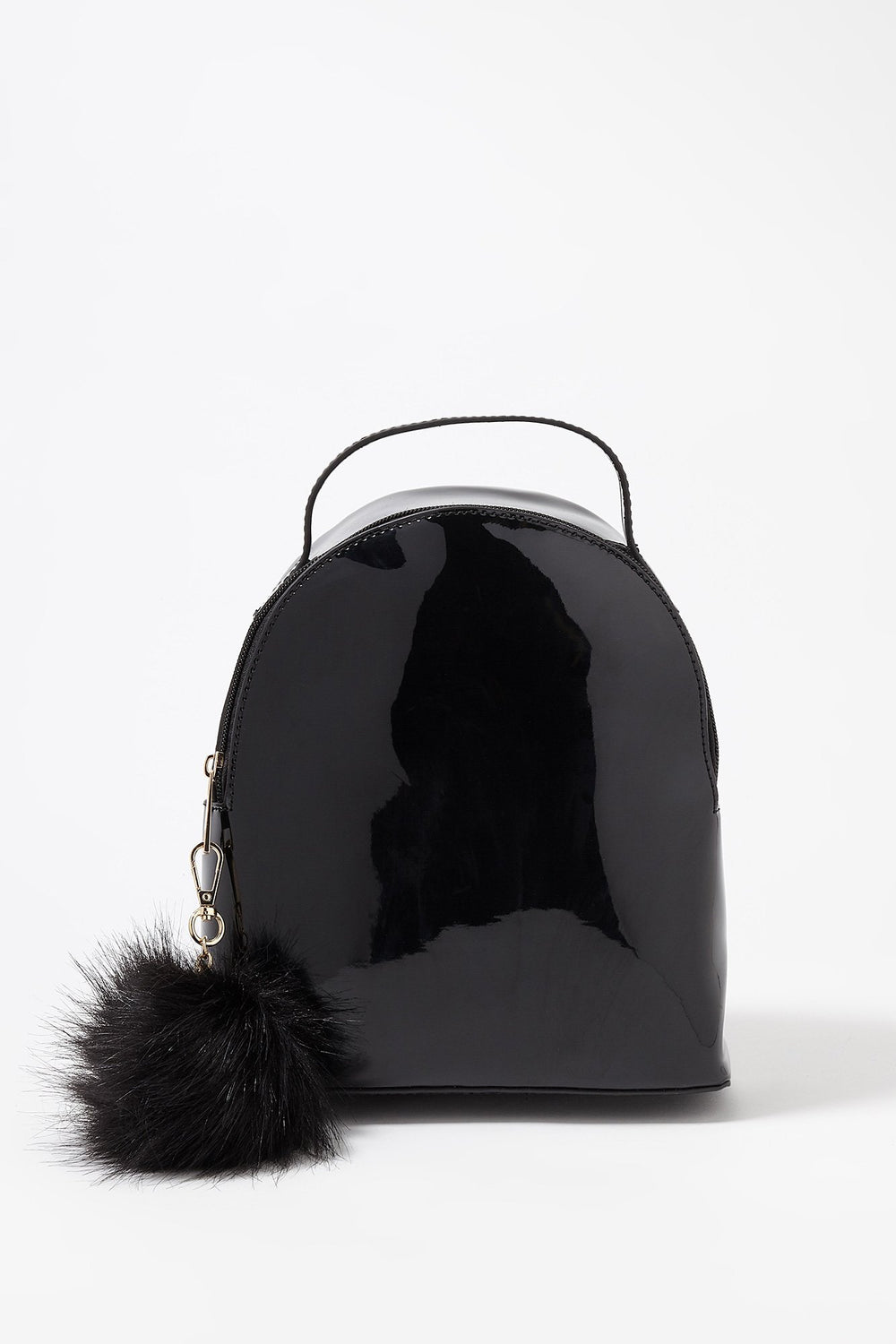 Women Patent Mini Backpack With Pom Pom Black
