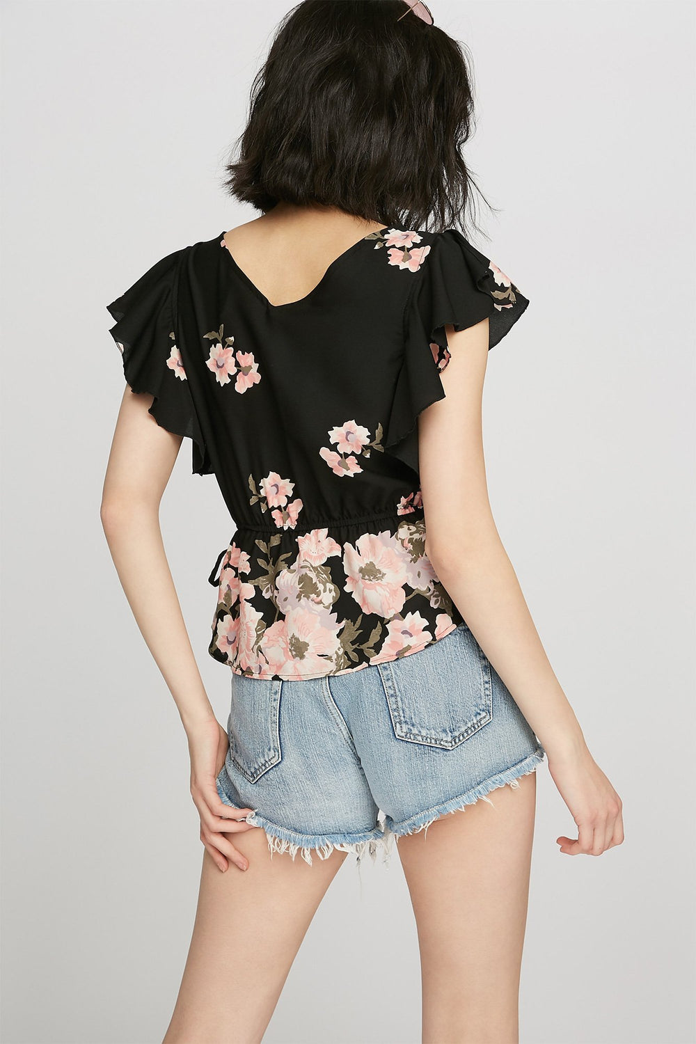 Women Printed Ruffle Faux-Wrap Blouse Black
