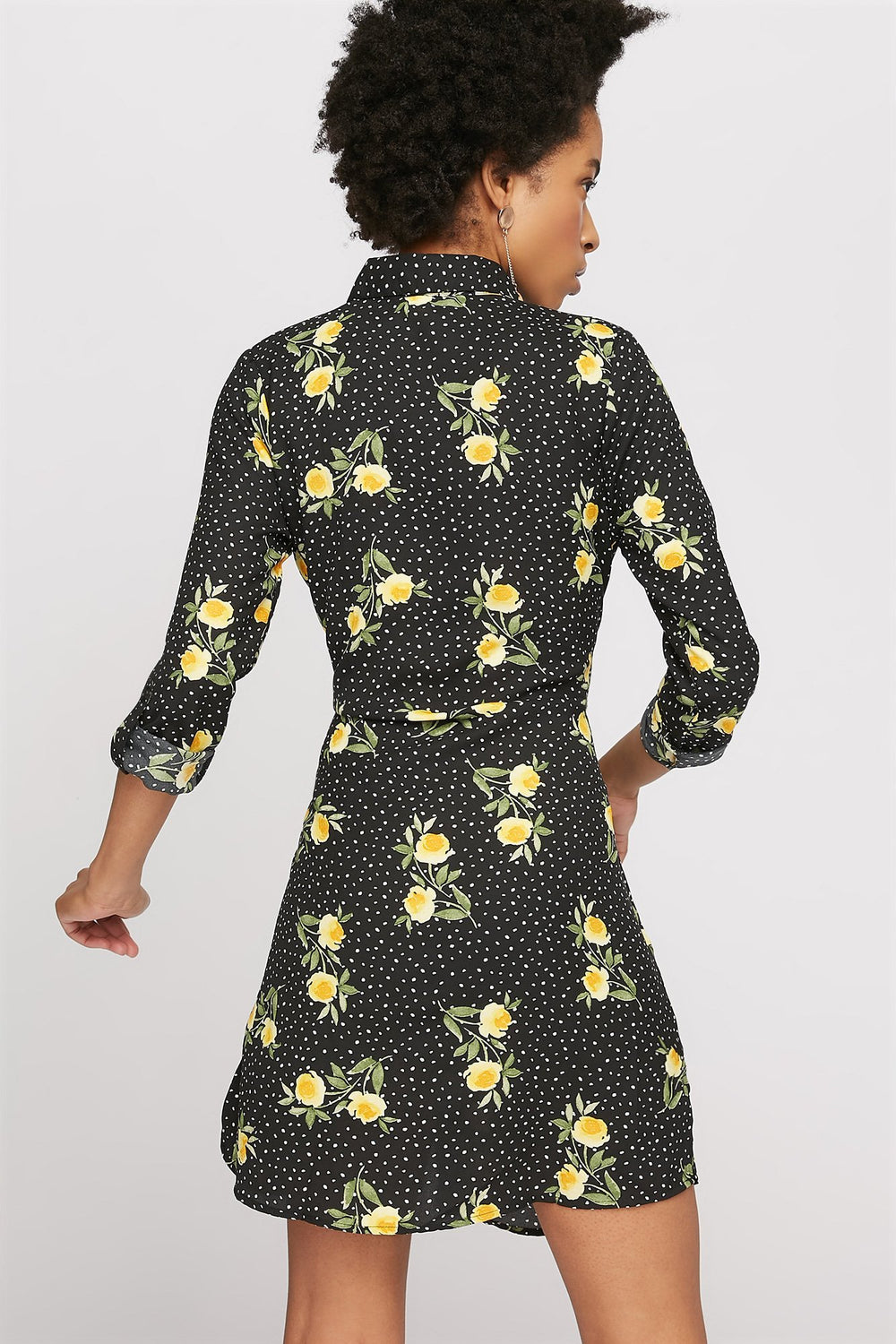 Women Printed Self-Tie Long Sleeve Button-Up Dress Black