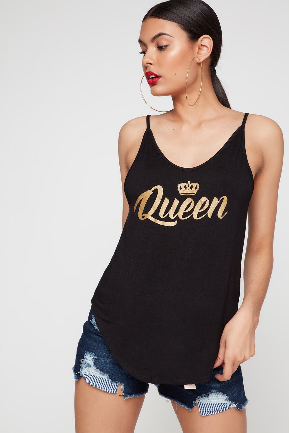 Women Queen V-Back Dolphin Hem Graphic Tank Black