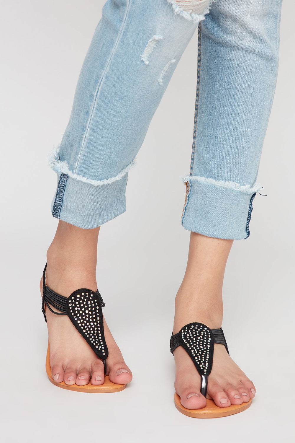 Women Rhinestone Elastic T-Bar Sandal Black