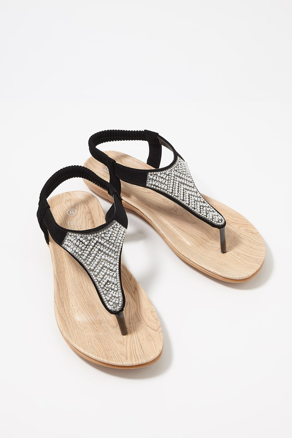 Women Rhinestone Pearl T-Bar Sandal Black