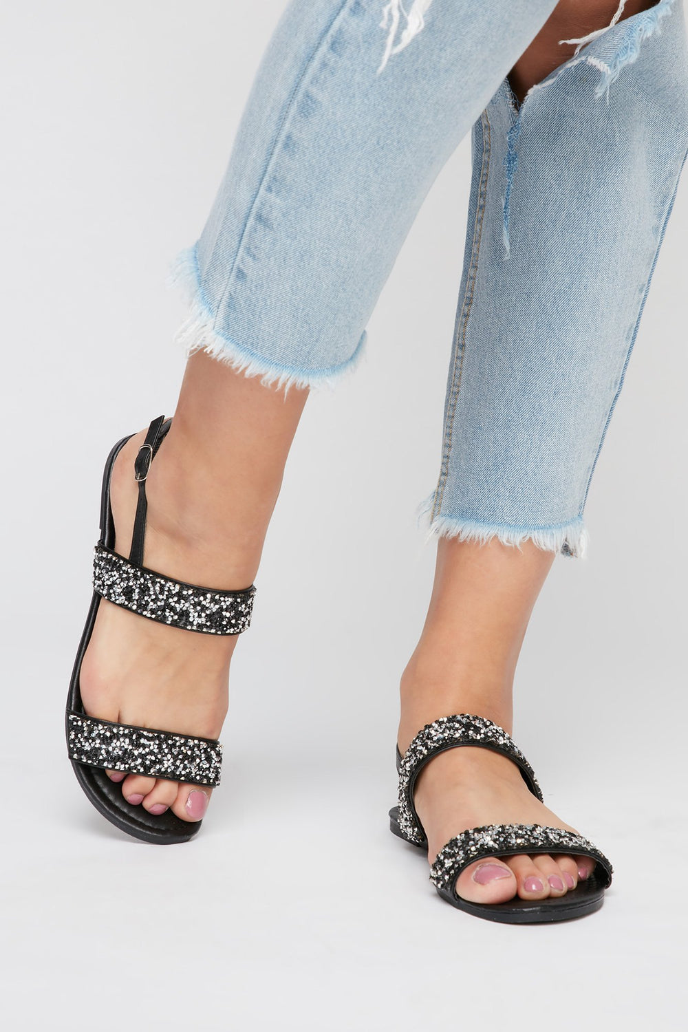 Women Rhinestone Strap Sandal Black
