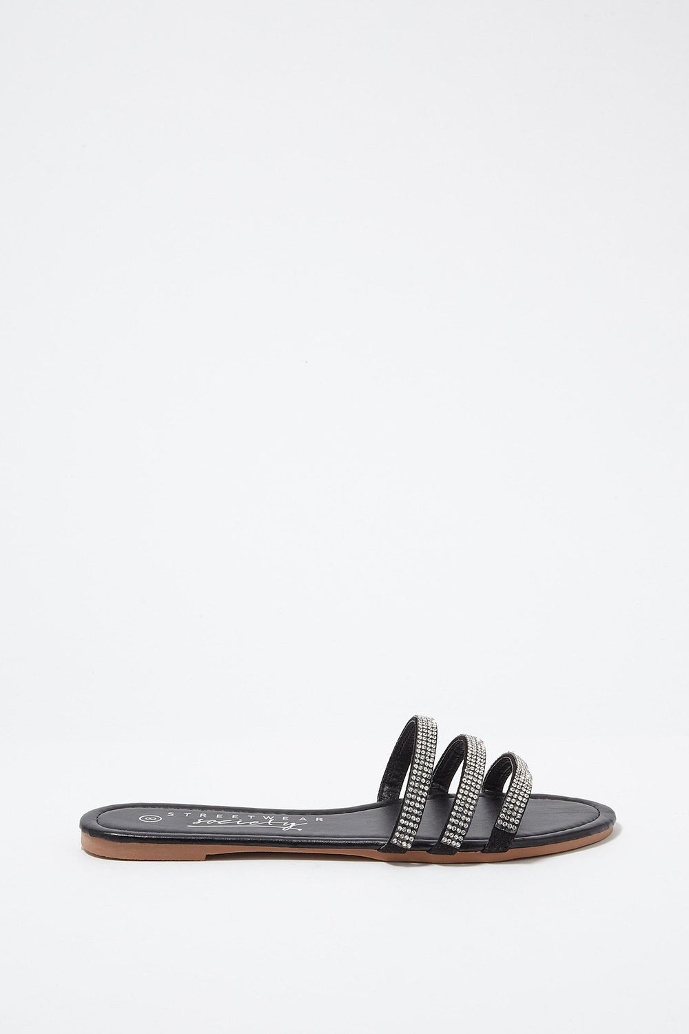 Women Rhinestone Three Band Slip-On Sandal Black