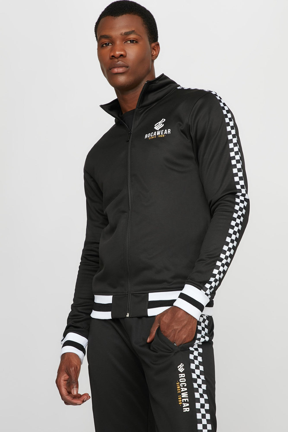 Men Rocawear Checkered Side Stripe Track Jacket Black