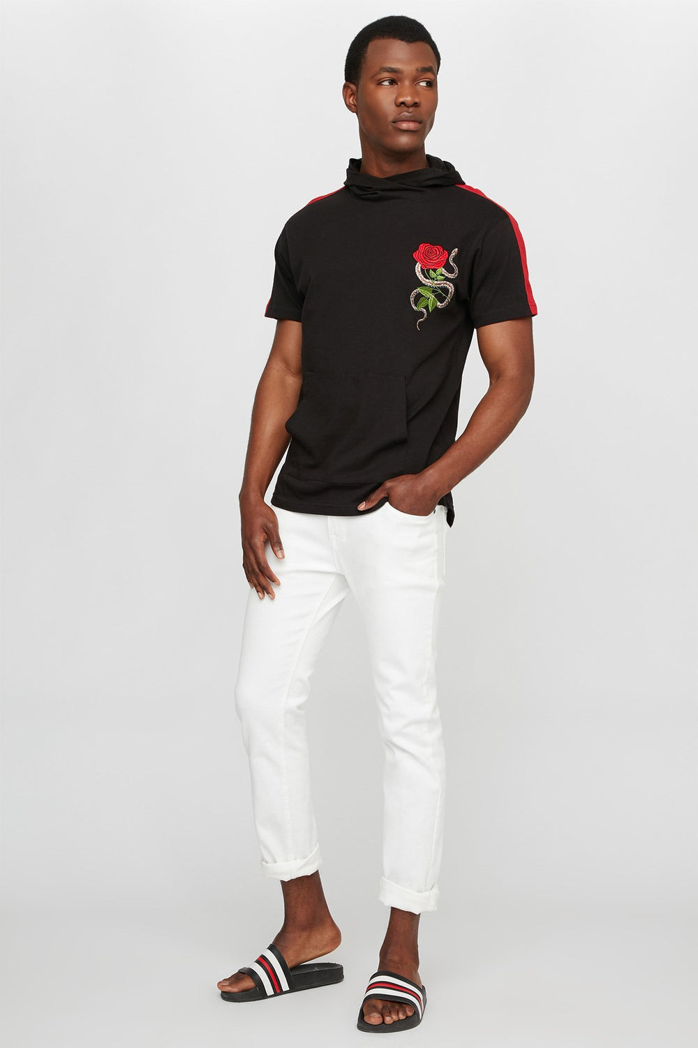 Men Rose & Snake Embroidered Side Stripe Hooded T-Shirt Black