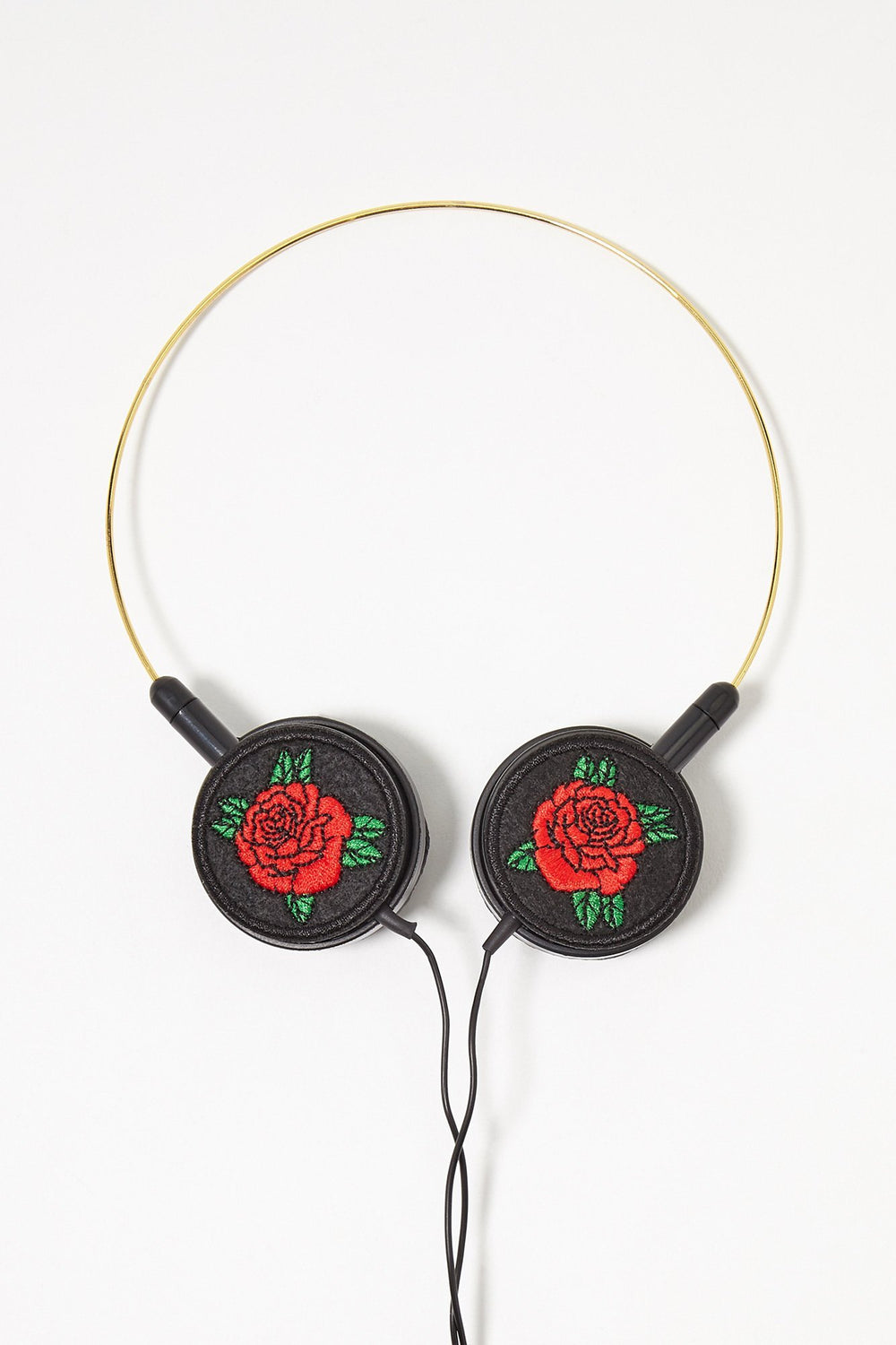 Women Rose Embroidered Headphones Black