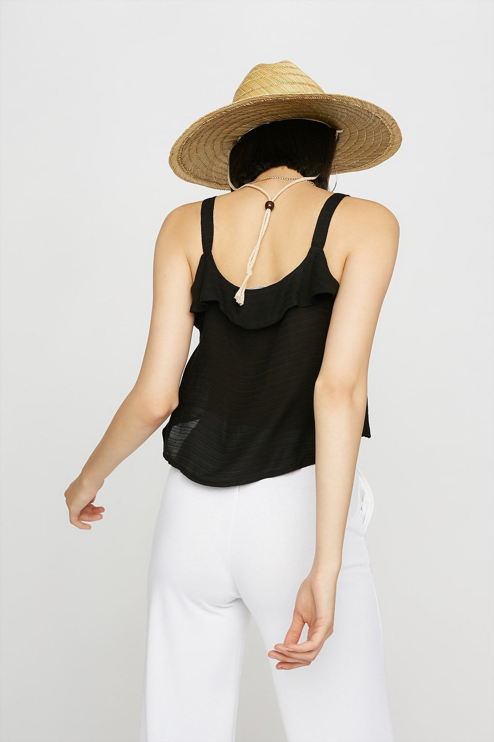 Women Ruffle Button-Up Front-Knot Knit Tank Black