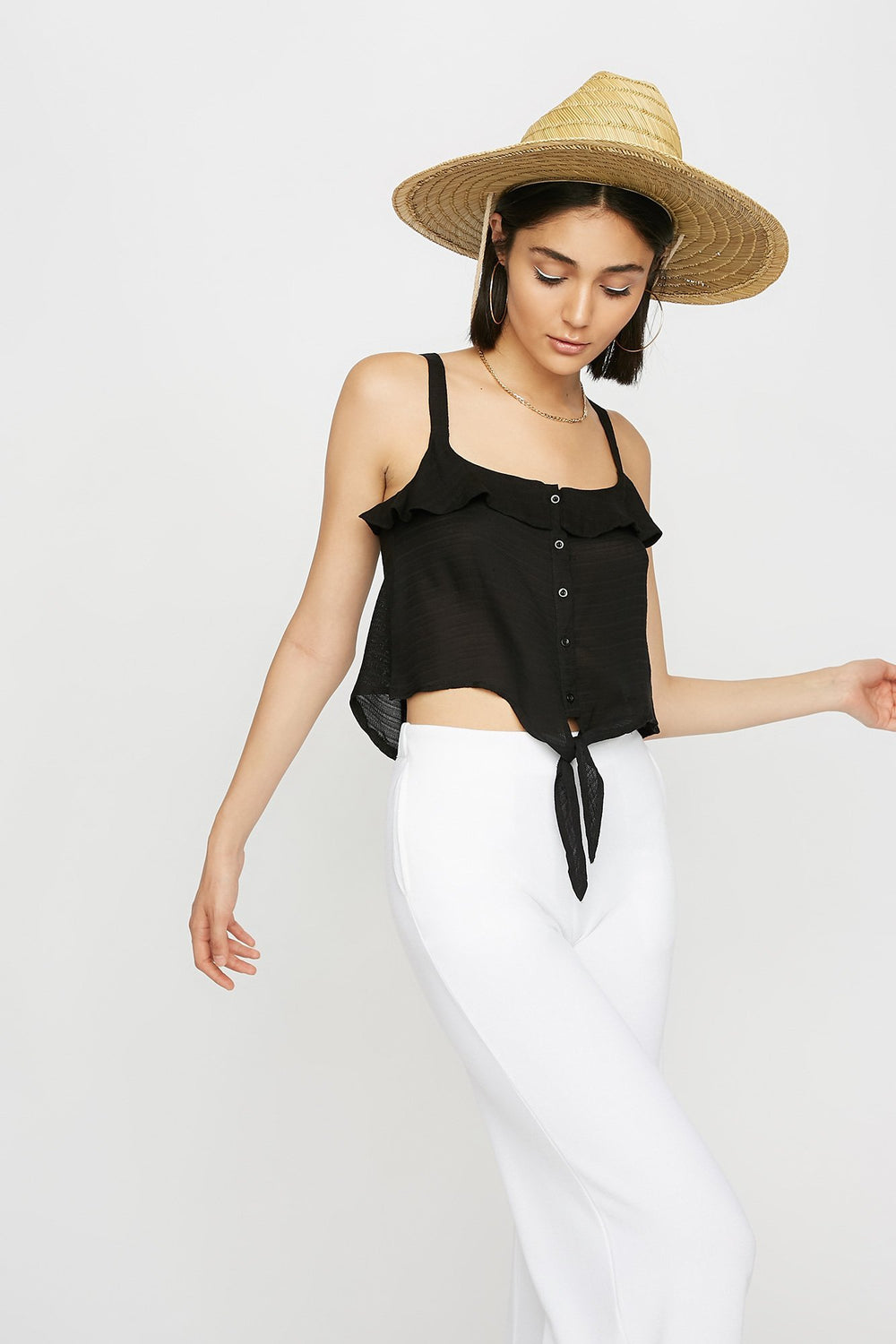 Women Ruffle Button-Up Front-Knot Knit Tank Black