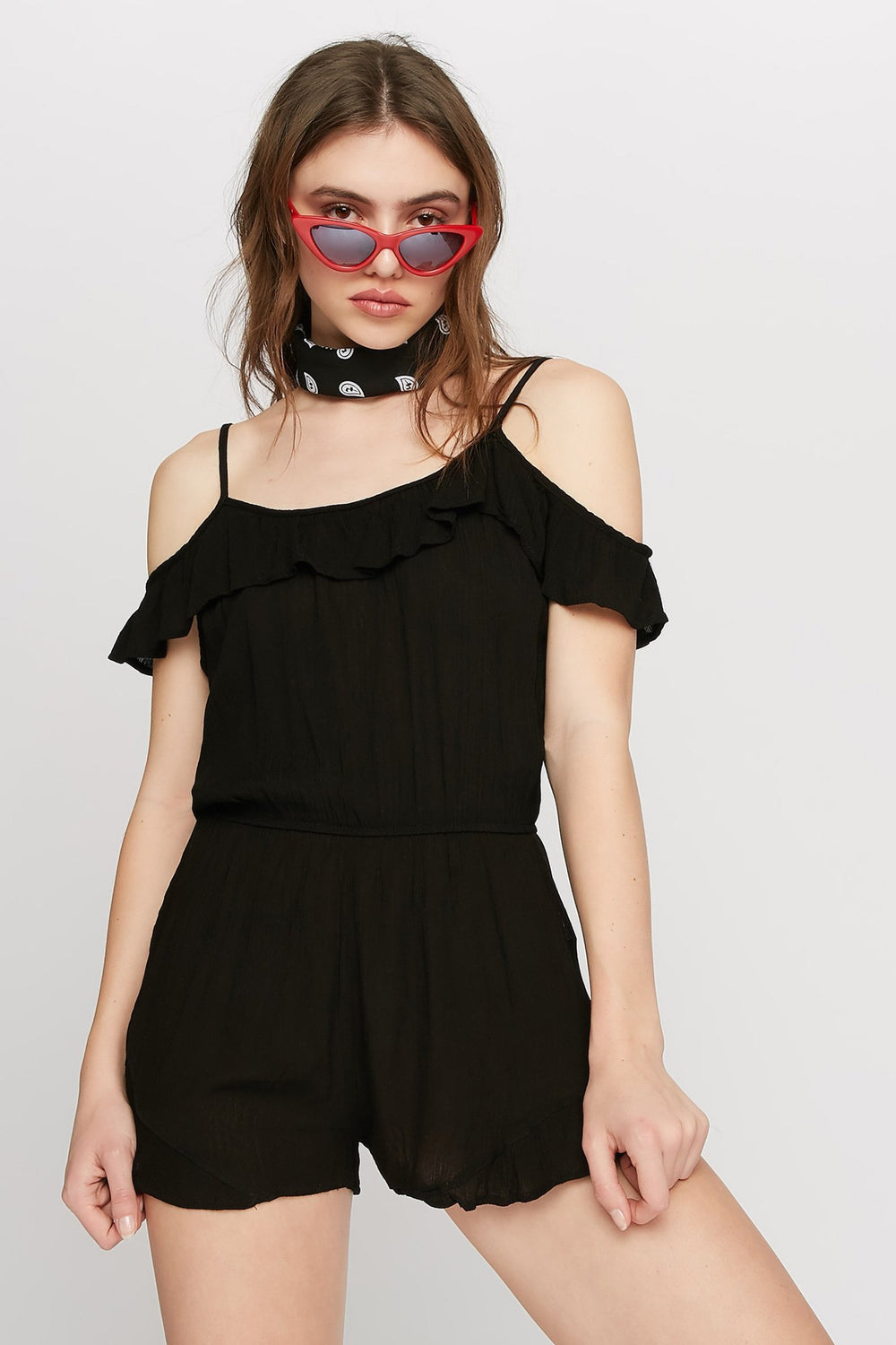 Women Ruffle Cold Shoulder Romper Black