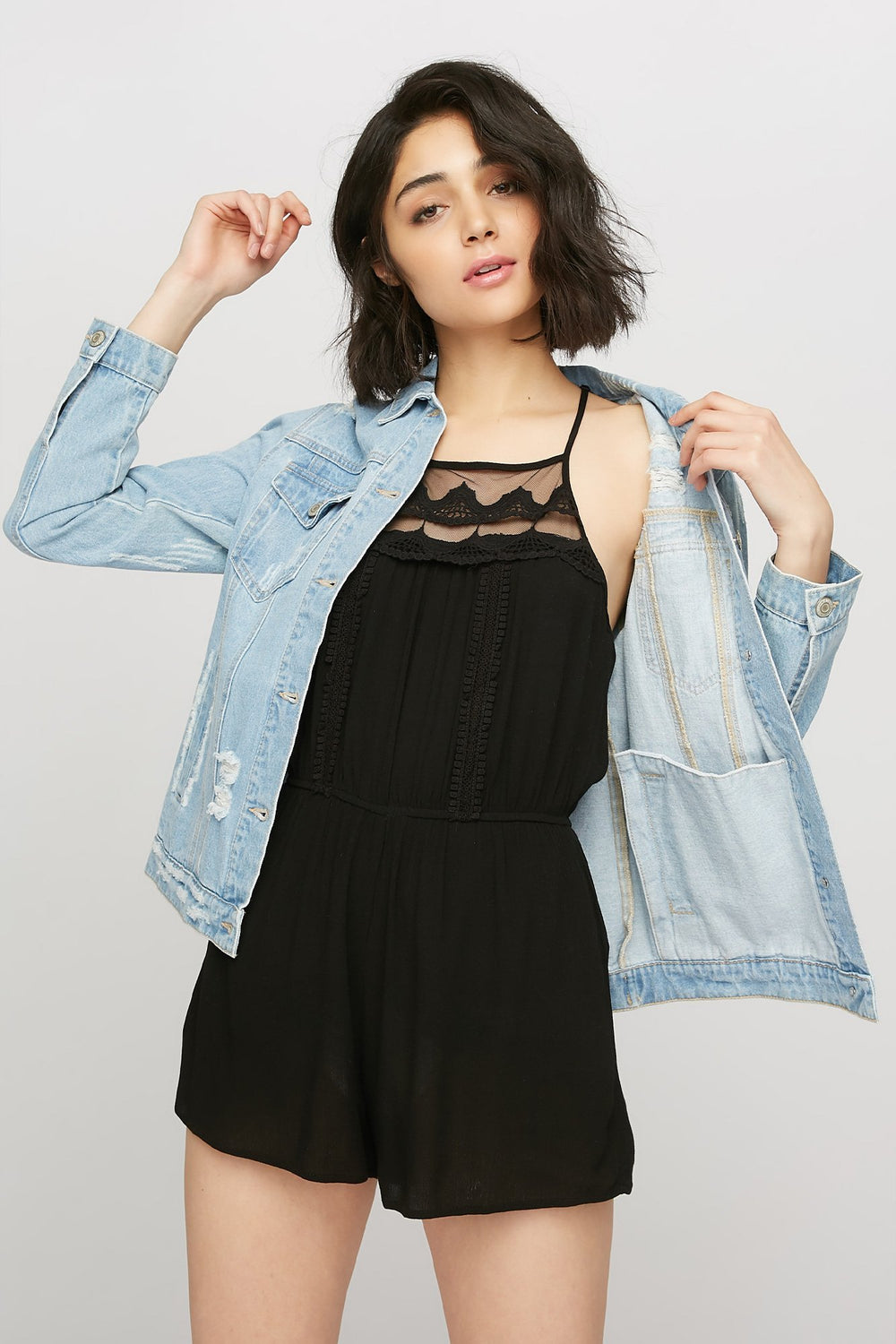 women Ruffle Crochet Racerback Romper Black