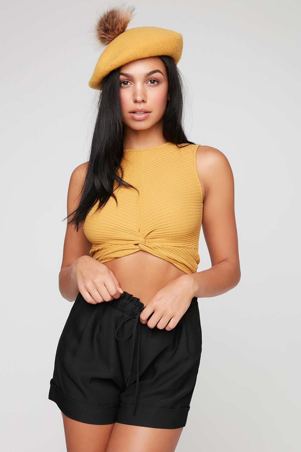 Women Ruffle Drawstring Paperbag Short Black