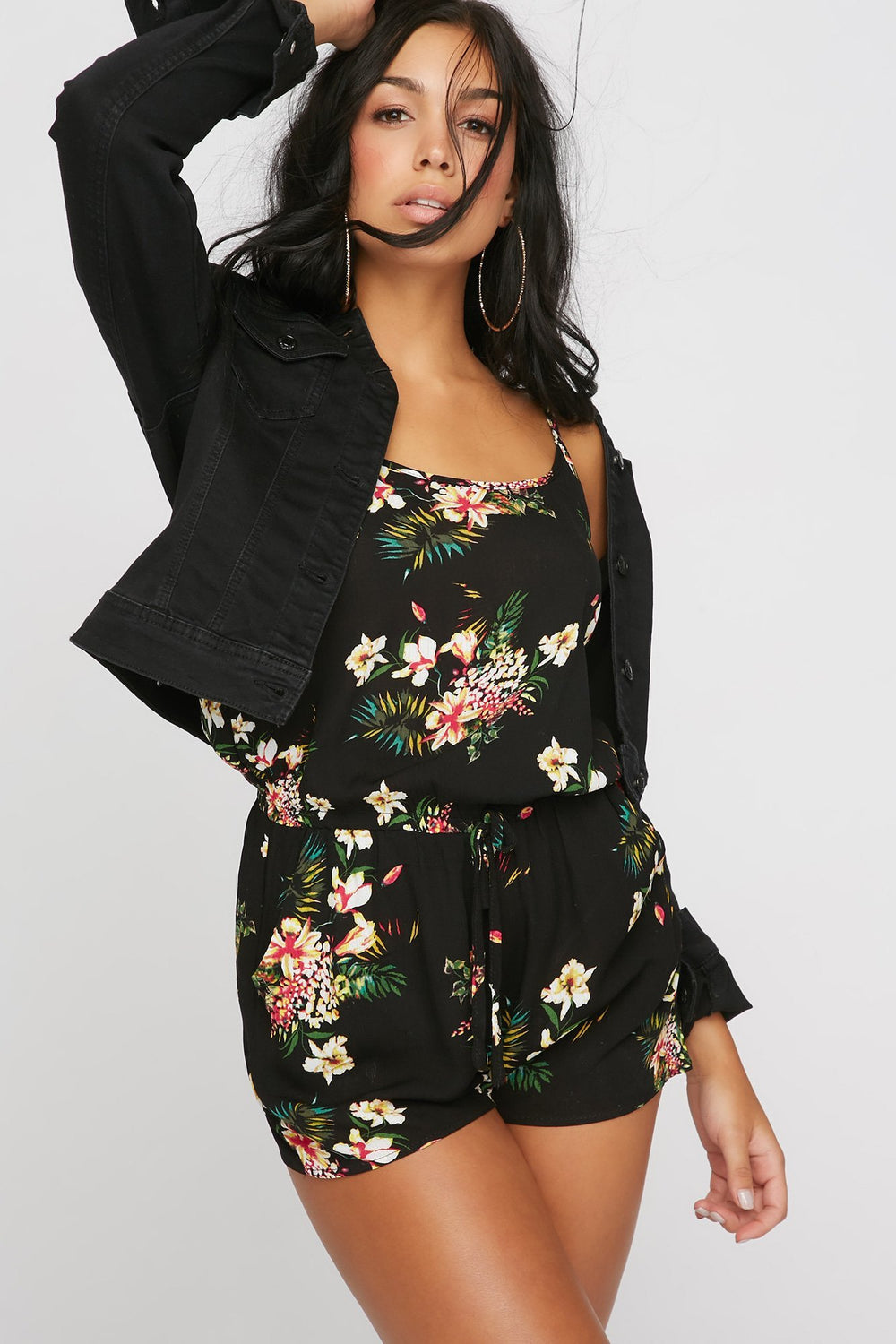 Women Scoop Neck Floral Self-Tie Drawstring Romper Black