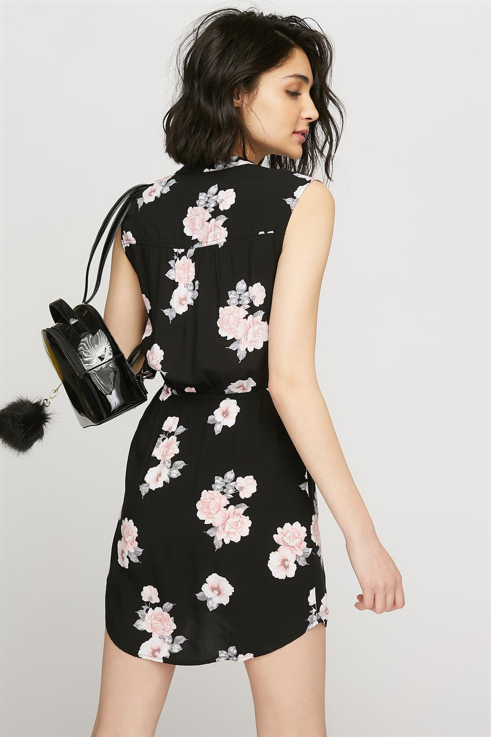 women Sleeveless Floral Half-Zip Drawstring Mini Dress Black