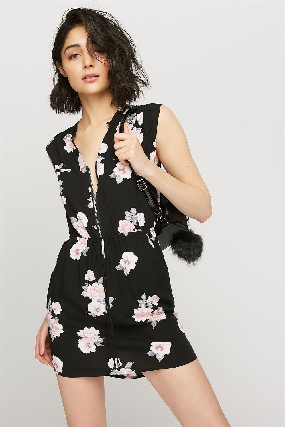 women Sleeveless Floral Half-Zip Drawstring Mini Dress Black
