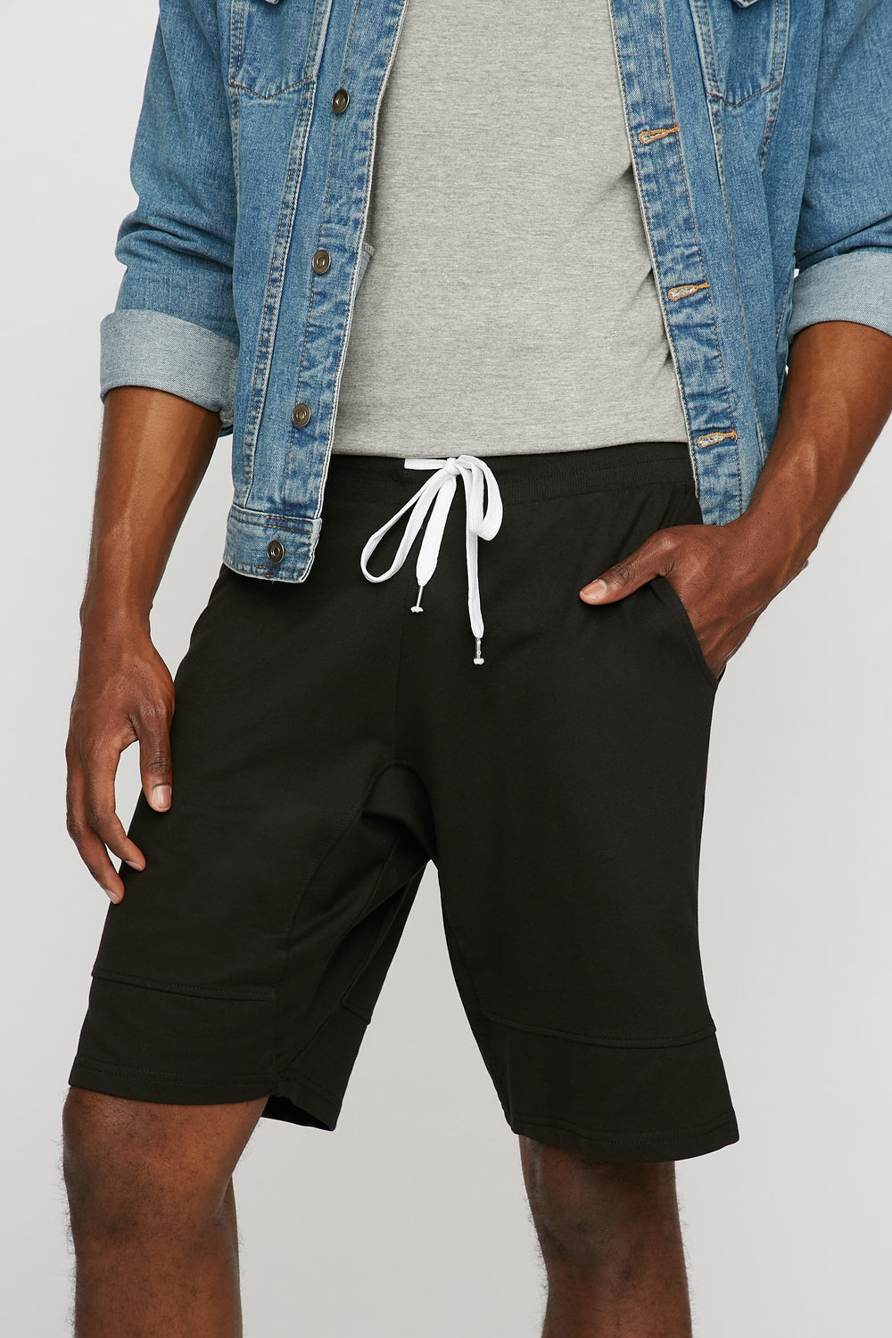 Men Slim Fleece Ribbed Drawstring Jogger Short Black