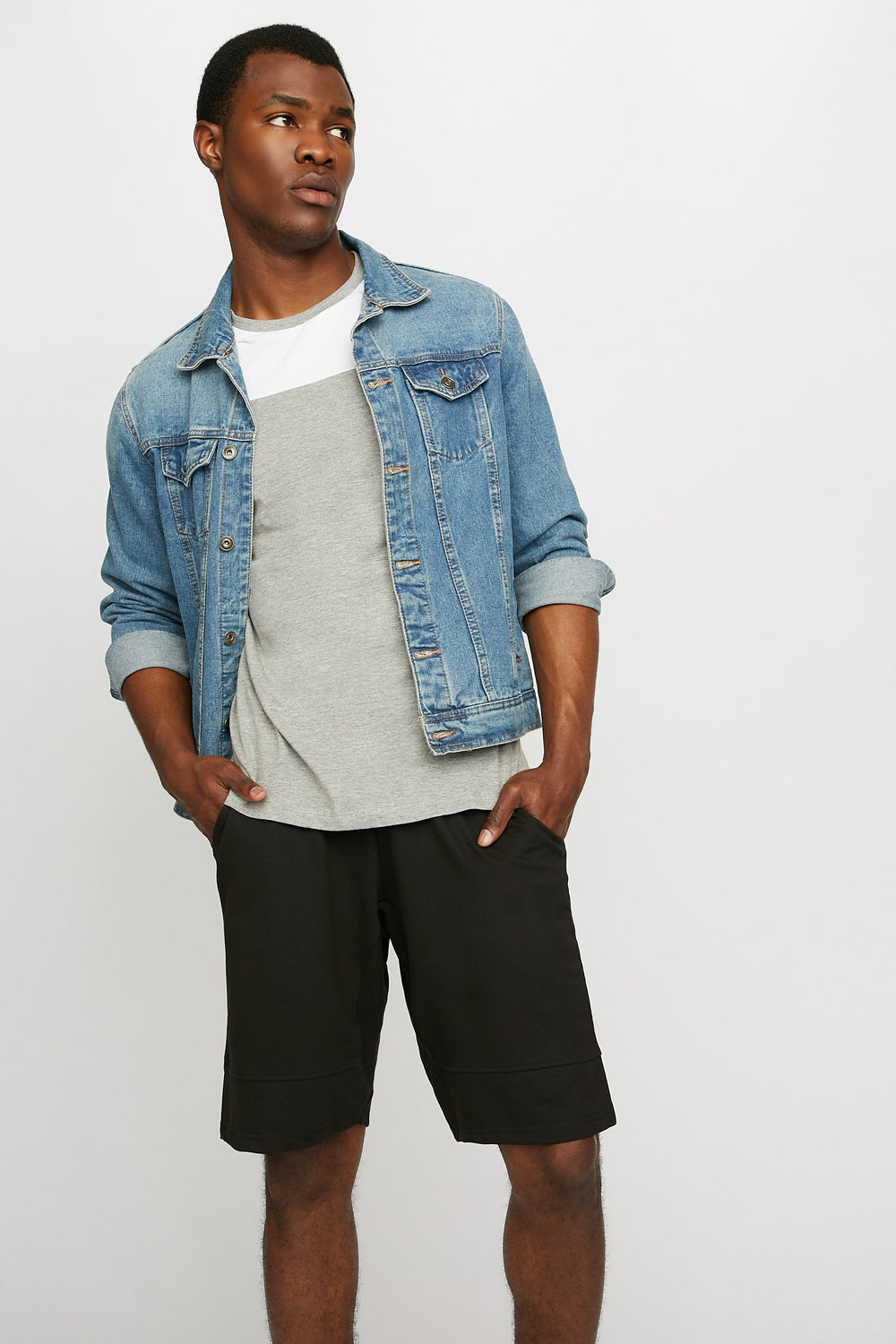 Men Slim Fleece Ribbed Drawstring Jogger Short Black