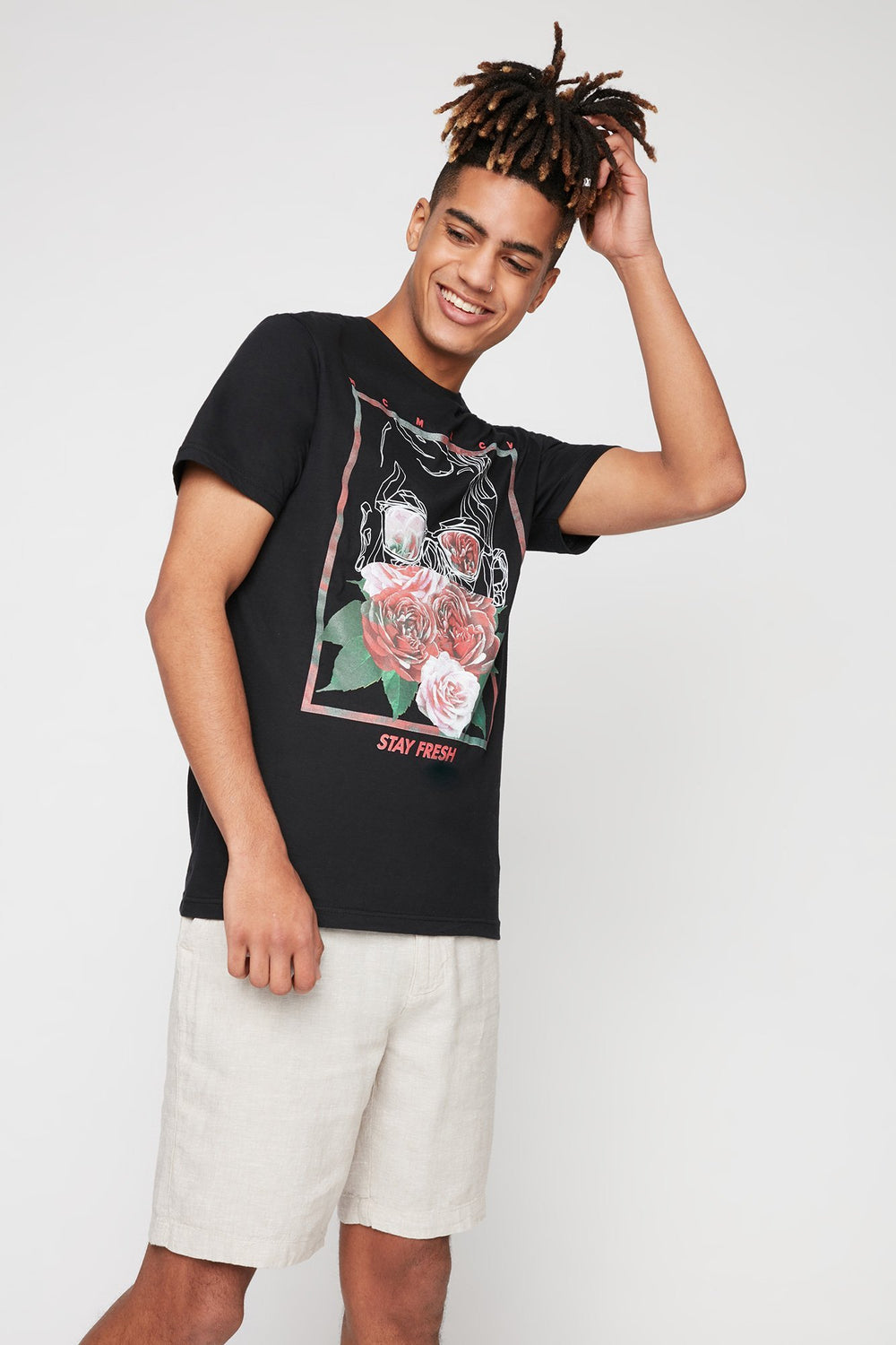 Men Stay Fresh Roses Graphic T-Shirt Black