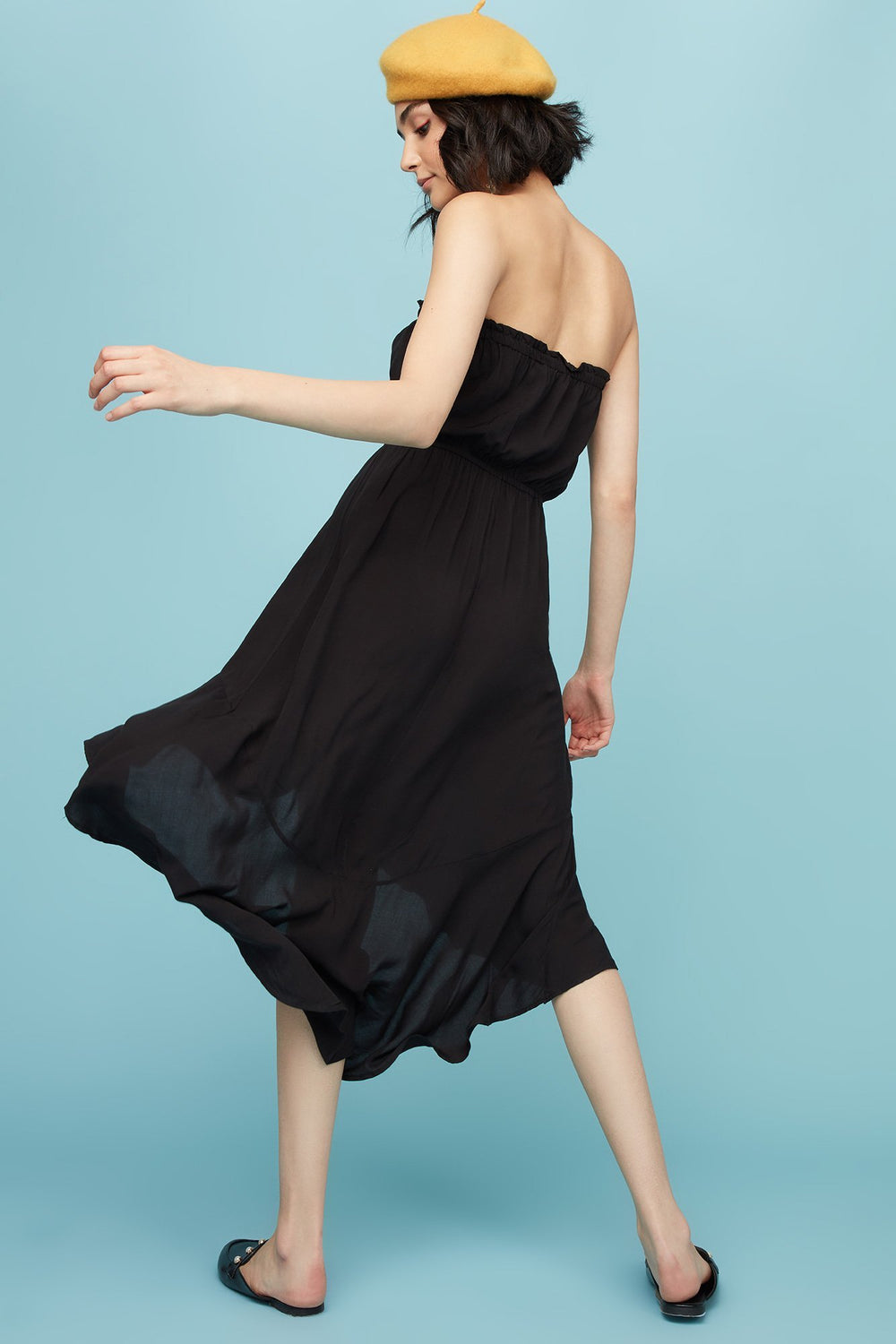 Women Strapless Asymmetrical Ruffle Midi Dress Black