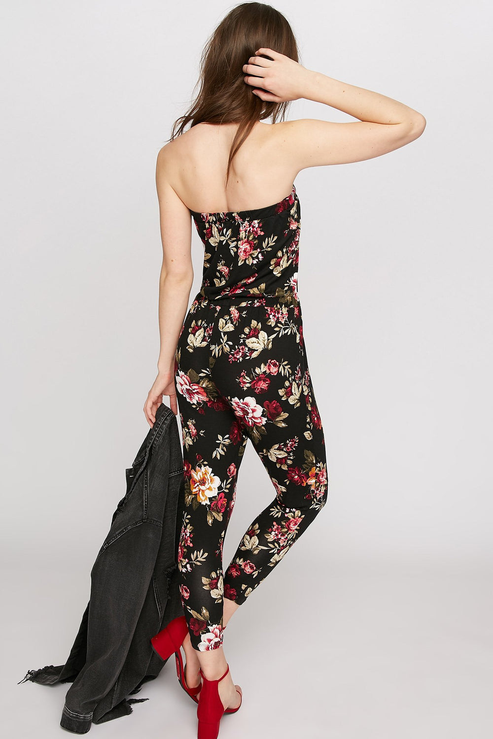 Women Strapless Floral Drawstring Jumpsuit Black
