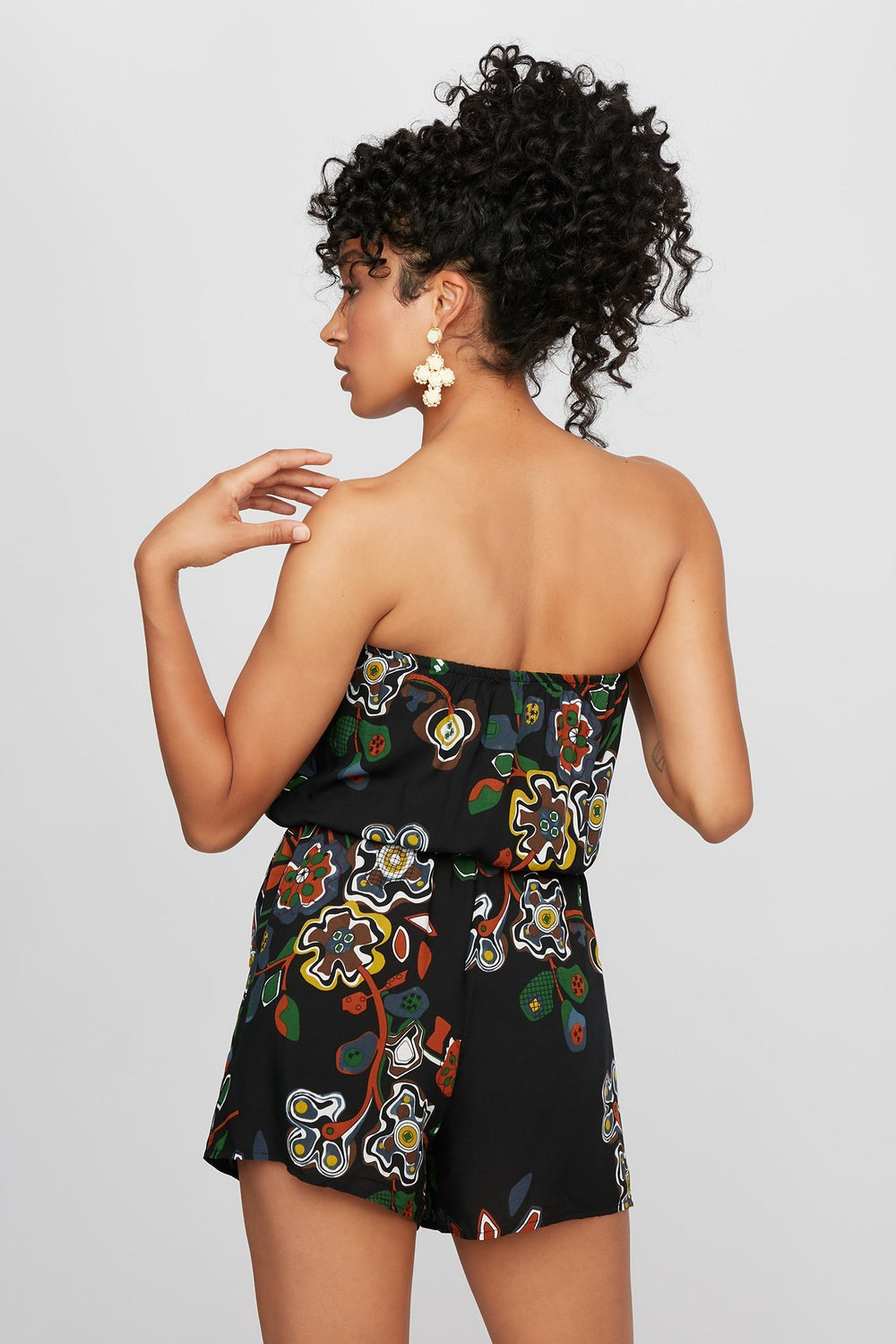 Women Strapless Floral Drawstring Romper Black