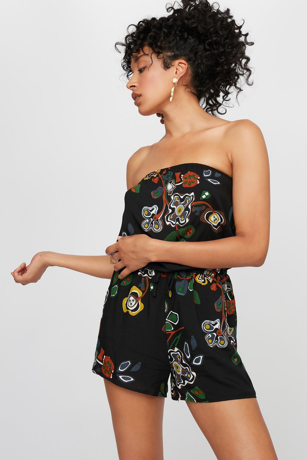 Women Strapless Floral Drawstring Romper Black