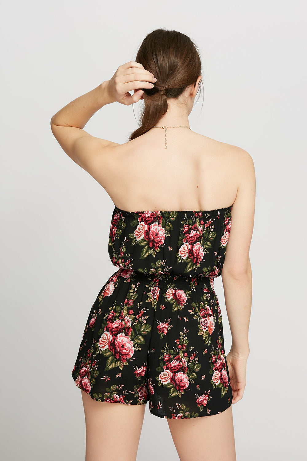 Women Strapless Floral Smocked Waist Romper Black