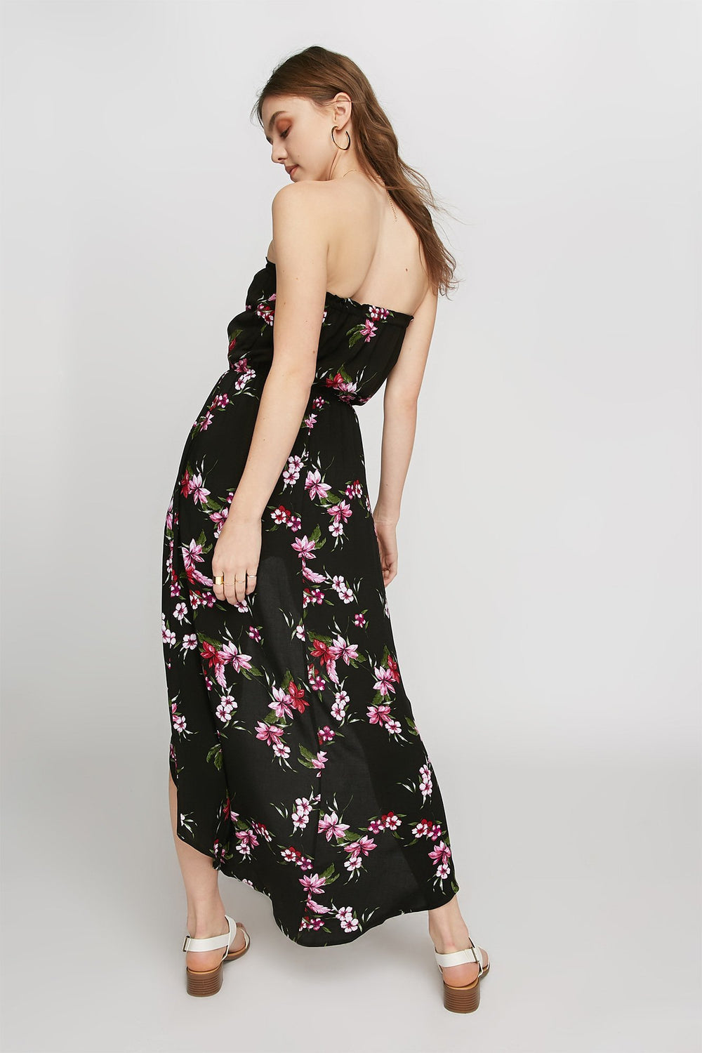 Women Strapless Floral Walkthrough Romper Black