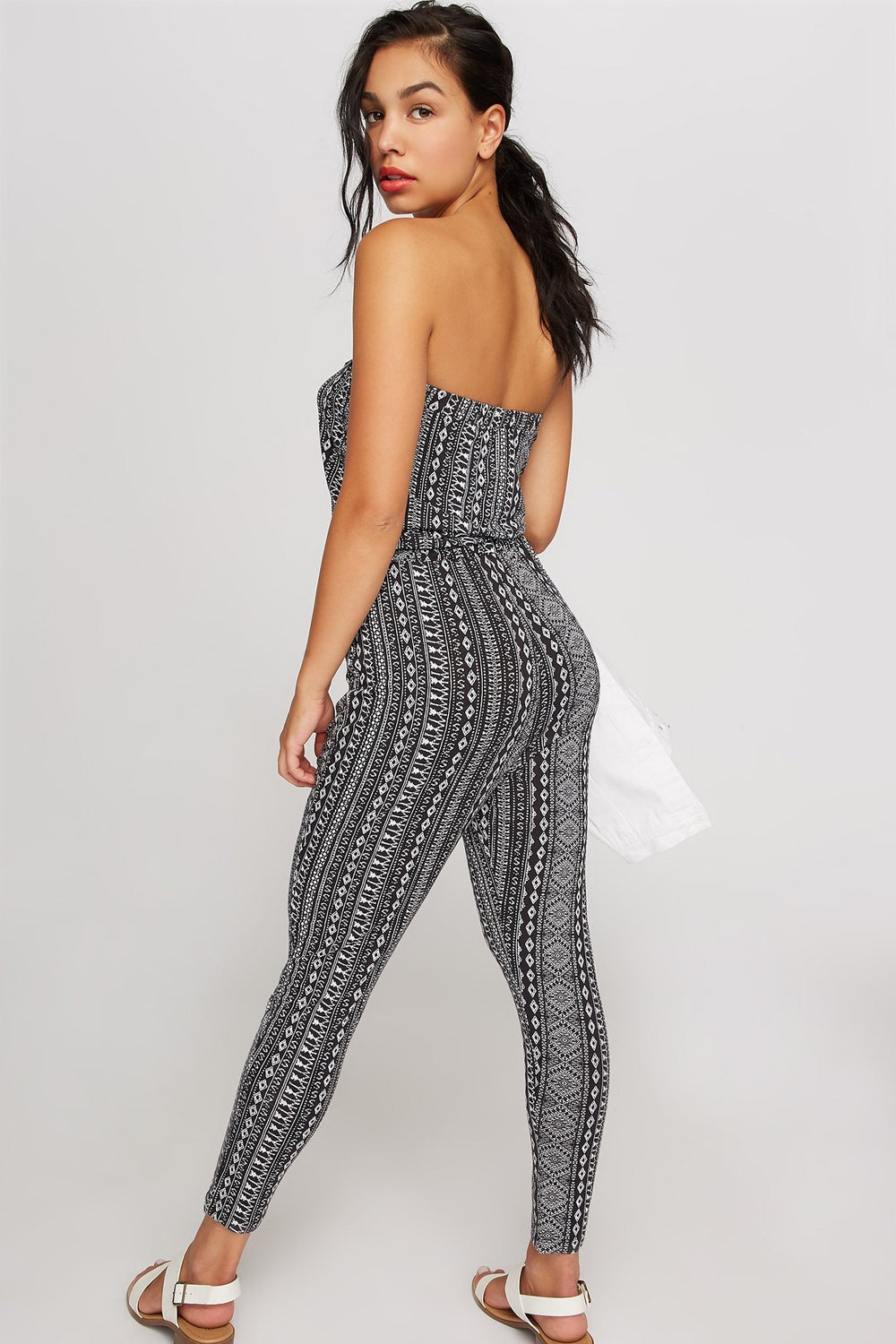 Women Tribal Strapless Drawstring Jumpsuit Black