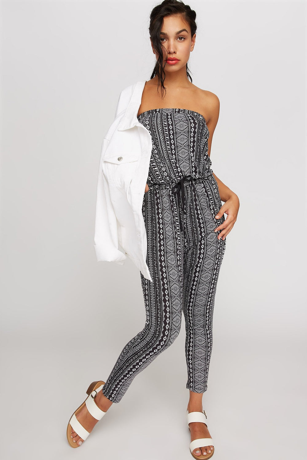 Women Tribal Strapless Drawstring Jumpsuit Black