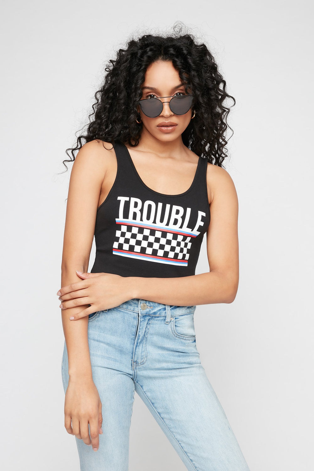 Women Trouble Checkered Graphic Bodysuit Black