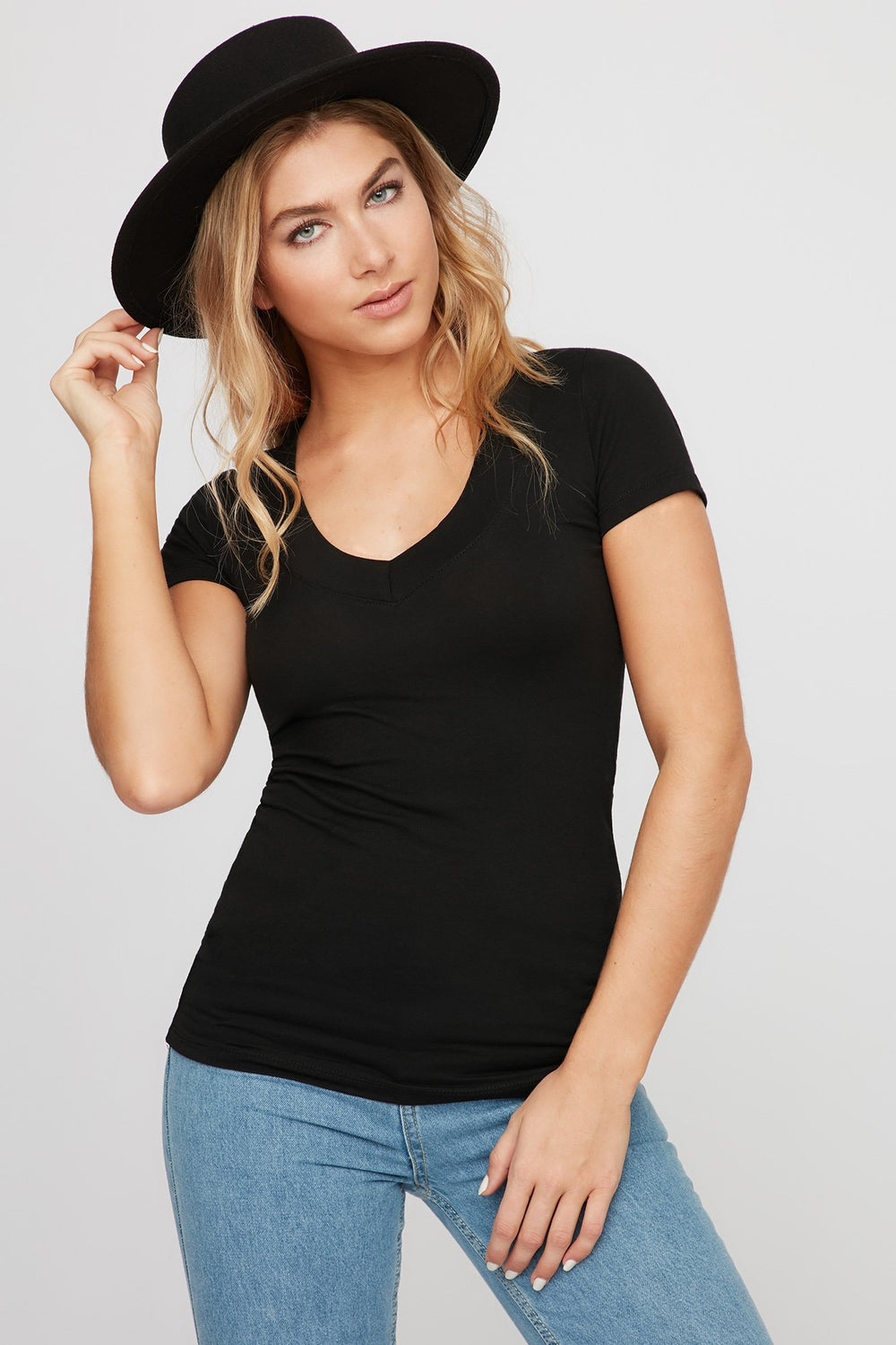 Women V-Neck Basic Soft T-Shirt Black