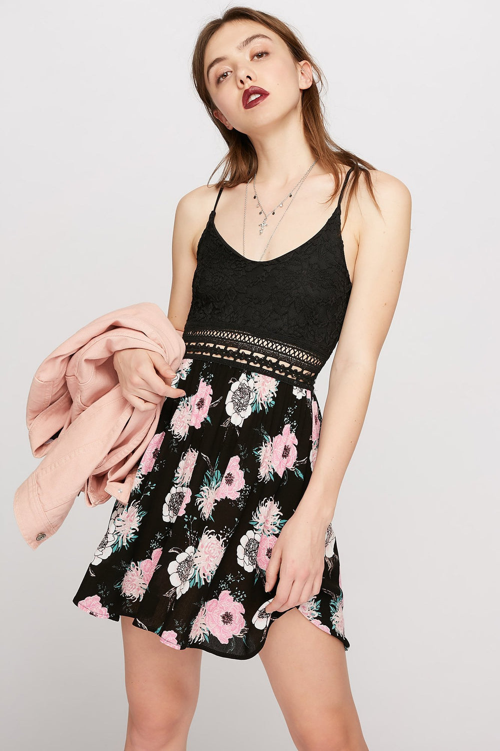 Women V-Neck Crochet Lace Floral Mini Dress Black