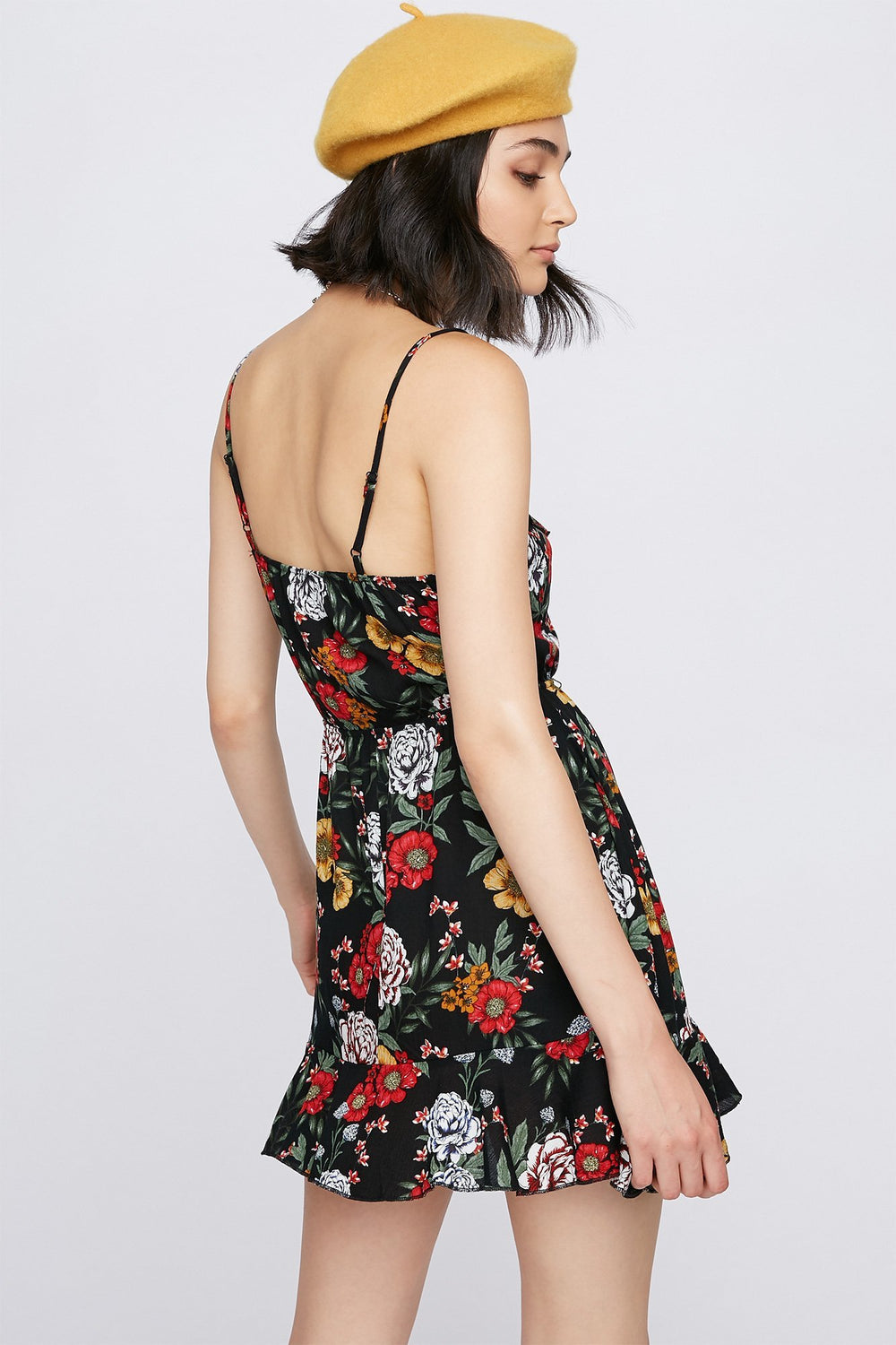 Women V-Neck Floral Ruffle Hem Dress Black