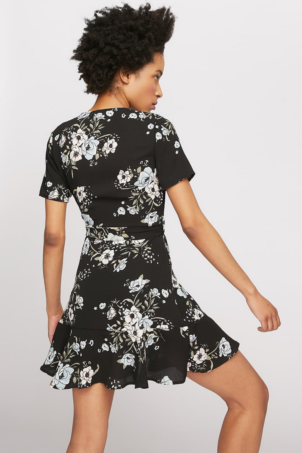 Women V-Neck Floral Wrap T-Shirt Dress Black