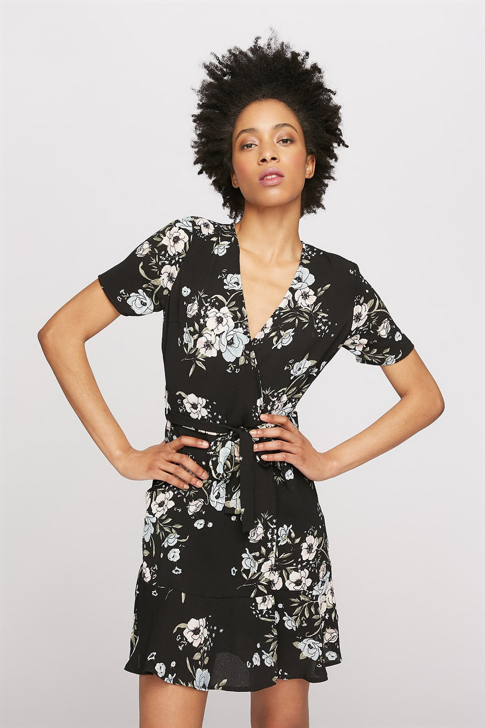 Women V-Neck Floral Wrap T-Shirt Dress Black