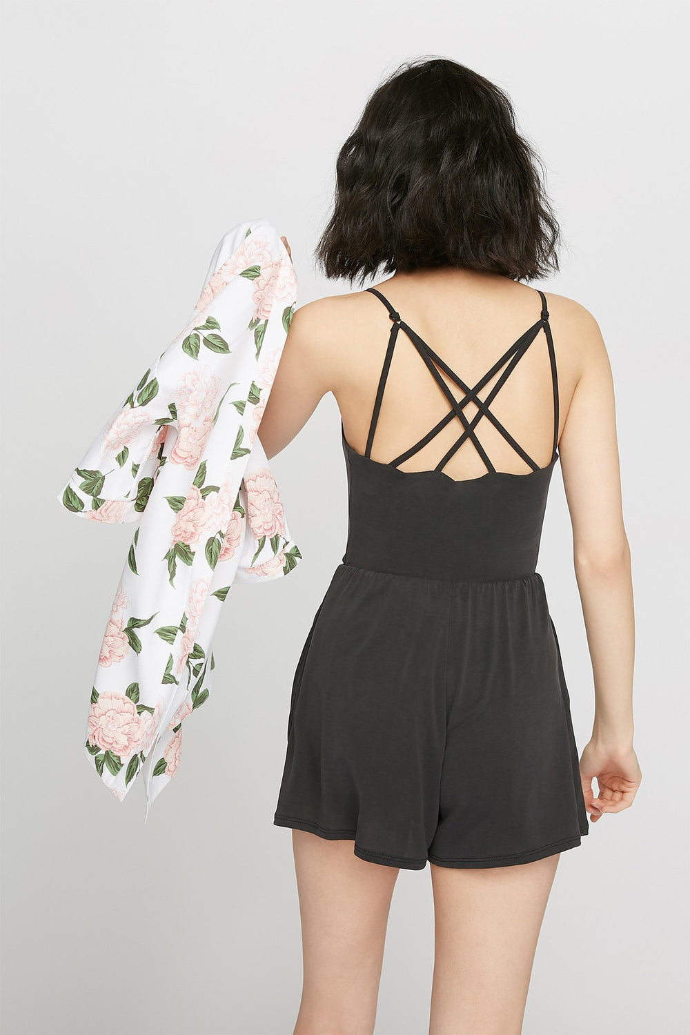 Women V-Neck Lattice Back Cami Romper Black