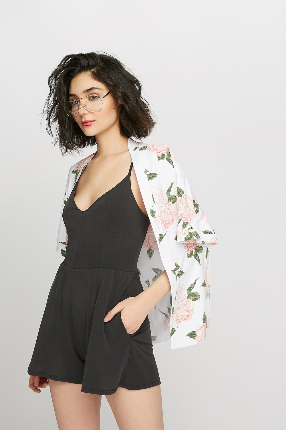 Women V-Neck Lattice Back Cami Romper Black