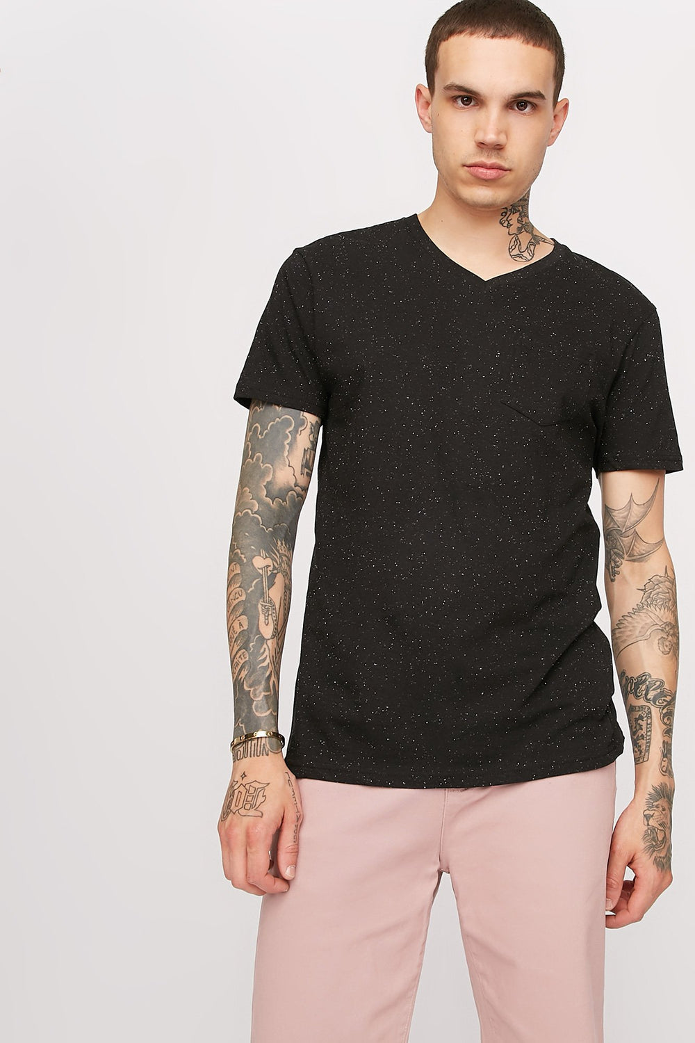Men V-Neck Space Dye Pocket T-Shirt Black