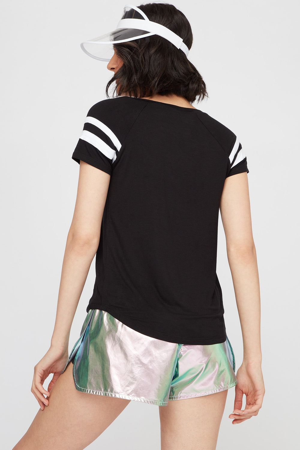 Women V-Neck Varsity Striped T-Shirt Black