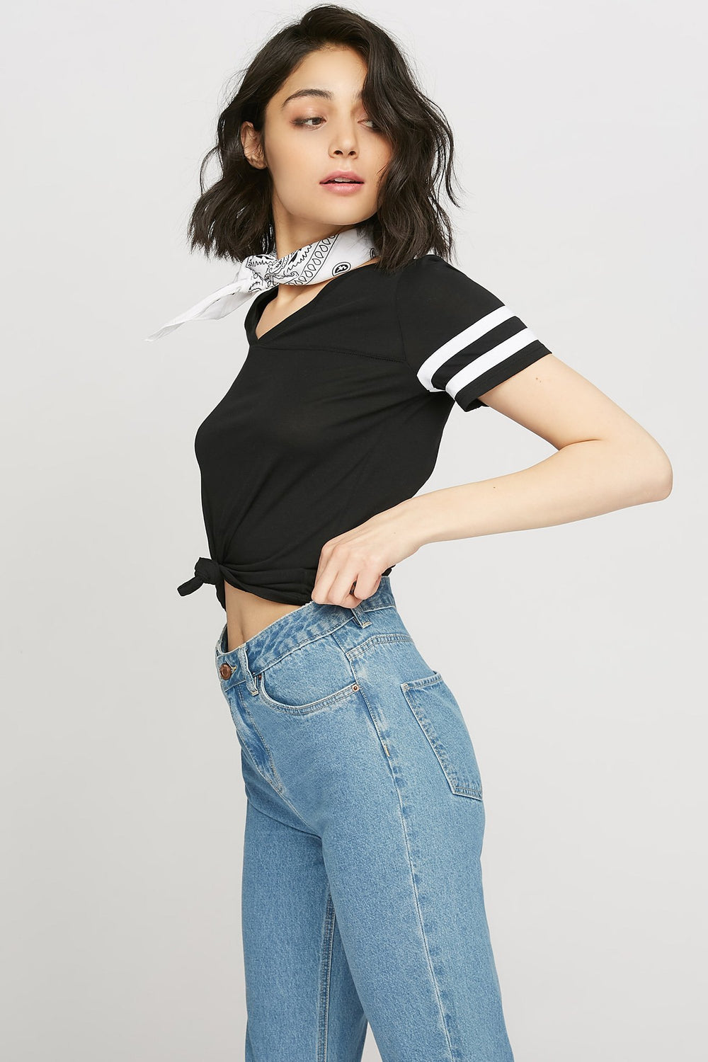 women V-Neck Varsity Striped T-Shirt Black