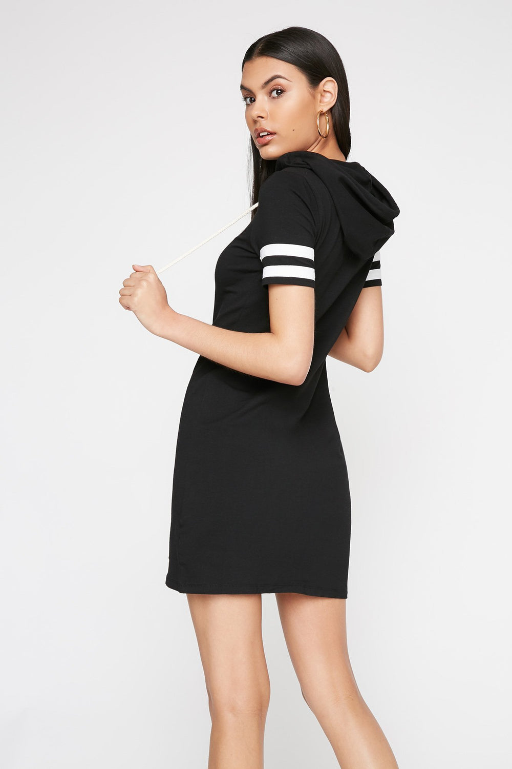 Women Varsity Striped Hooded Drawstring T-Shirt Dress Black