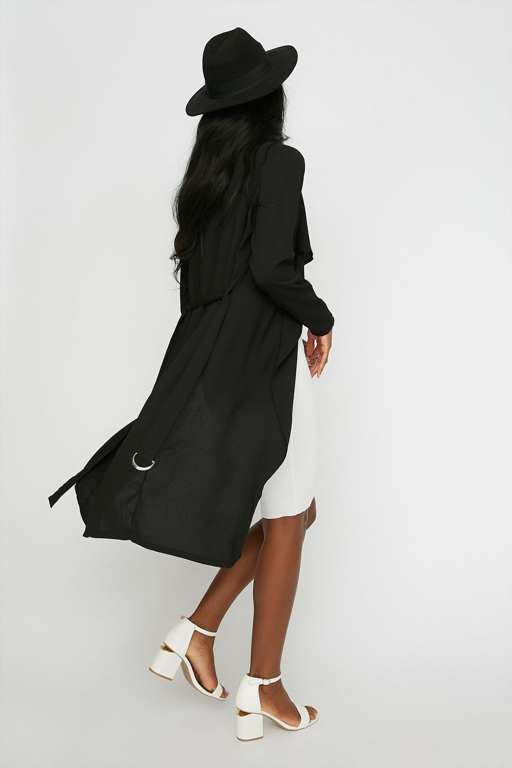 Women Waterfall Belted Self-Tie Blazer Black