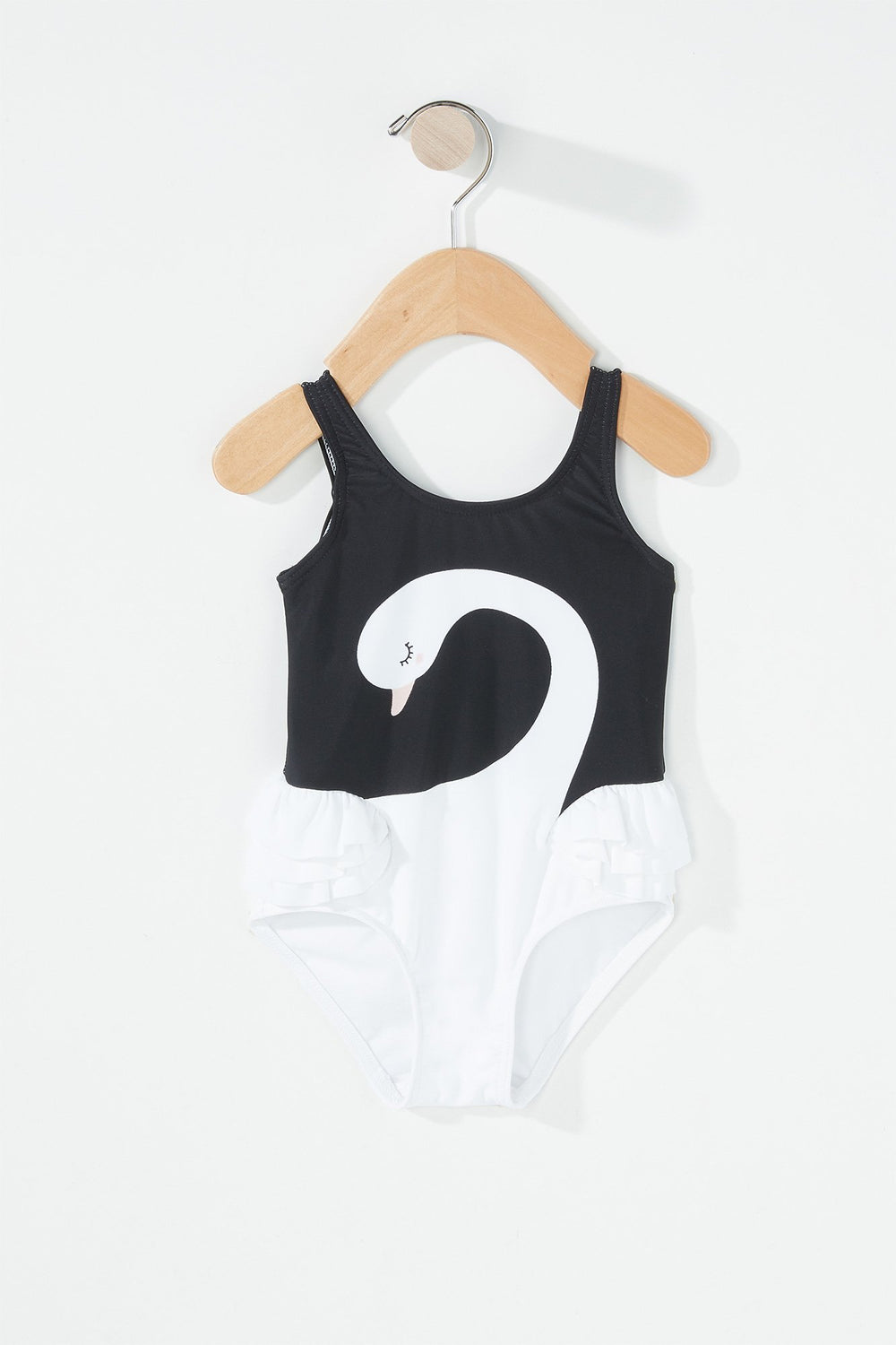 Kids Baby Girl Ruffle Swan Graphic One-Piece Swimsuit Black