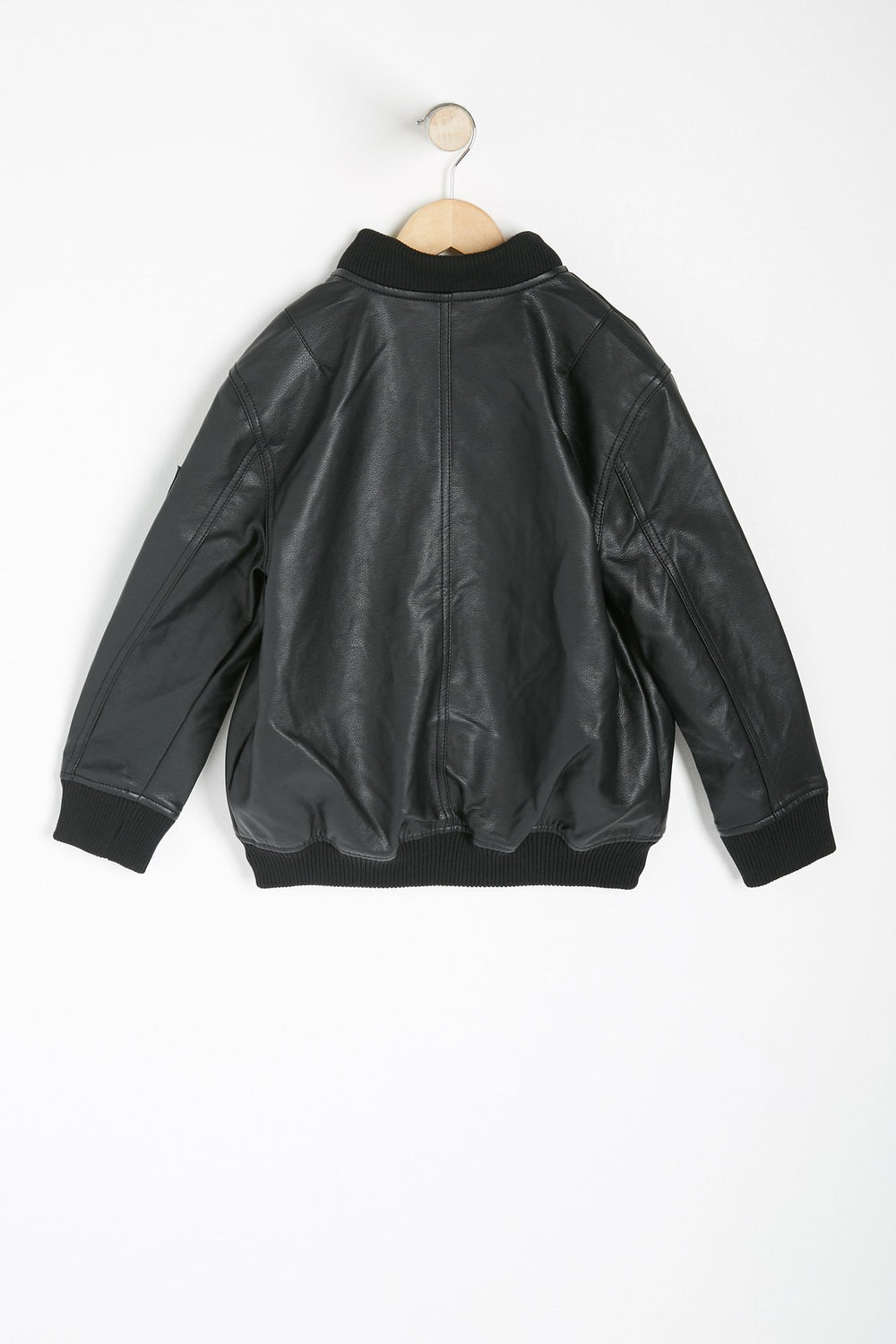 Kids Boys French Terry Hooded Faux Leather Jacket Black