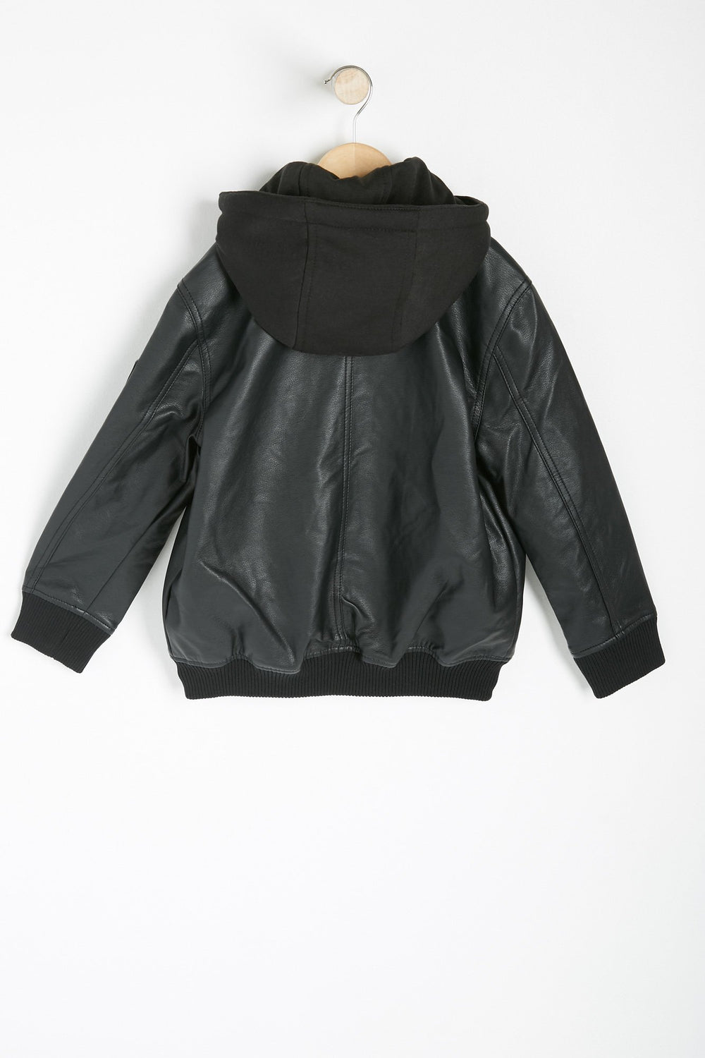 Kids Boys French Terry Hooded Faux Leather Jacket Black