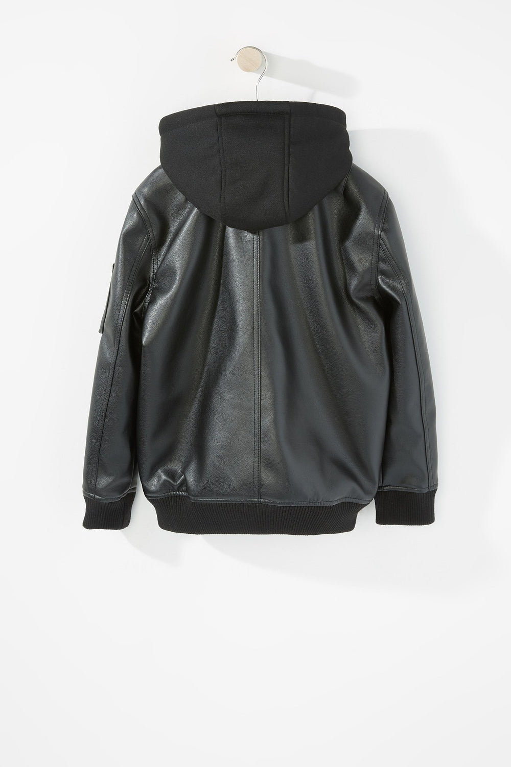 Kids Boys French Terry Hooded Faux Leather Jacket Black