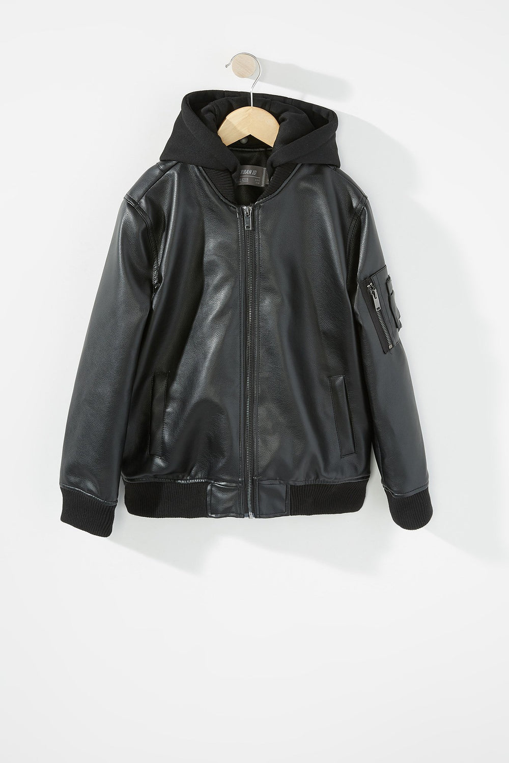 Kids Boys French Terry Hooded Faux Leather Jacket Black