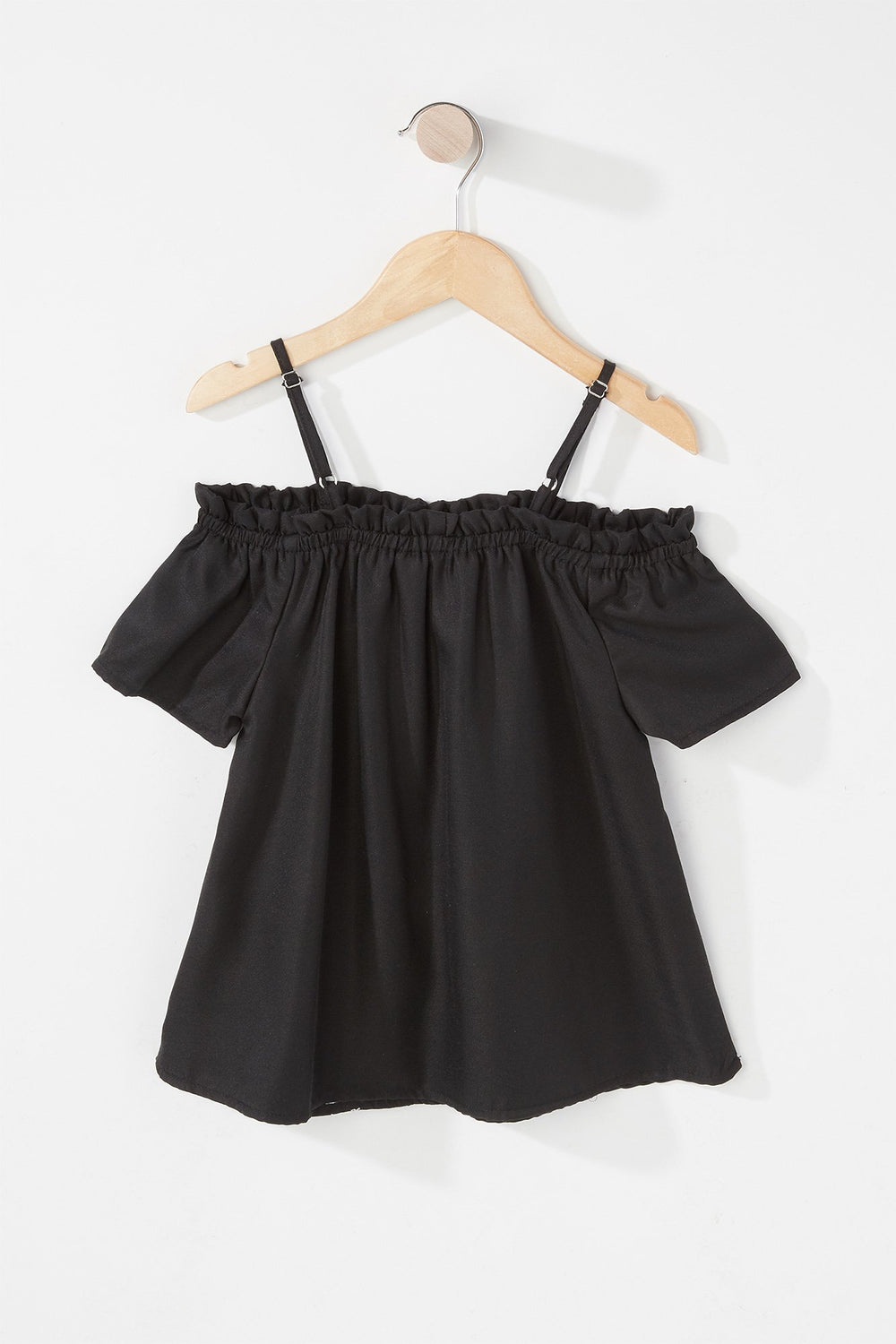 Kids Girl Cold Shoulder Embroidered Ruffle Bell Sleeve Blouse Black